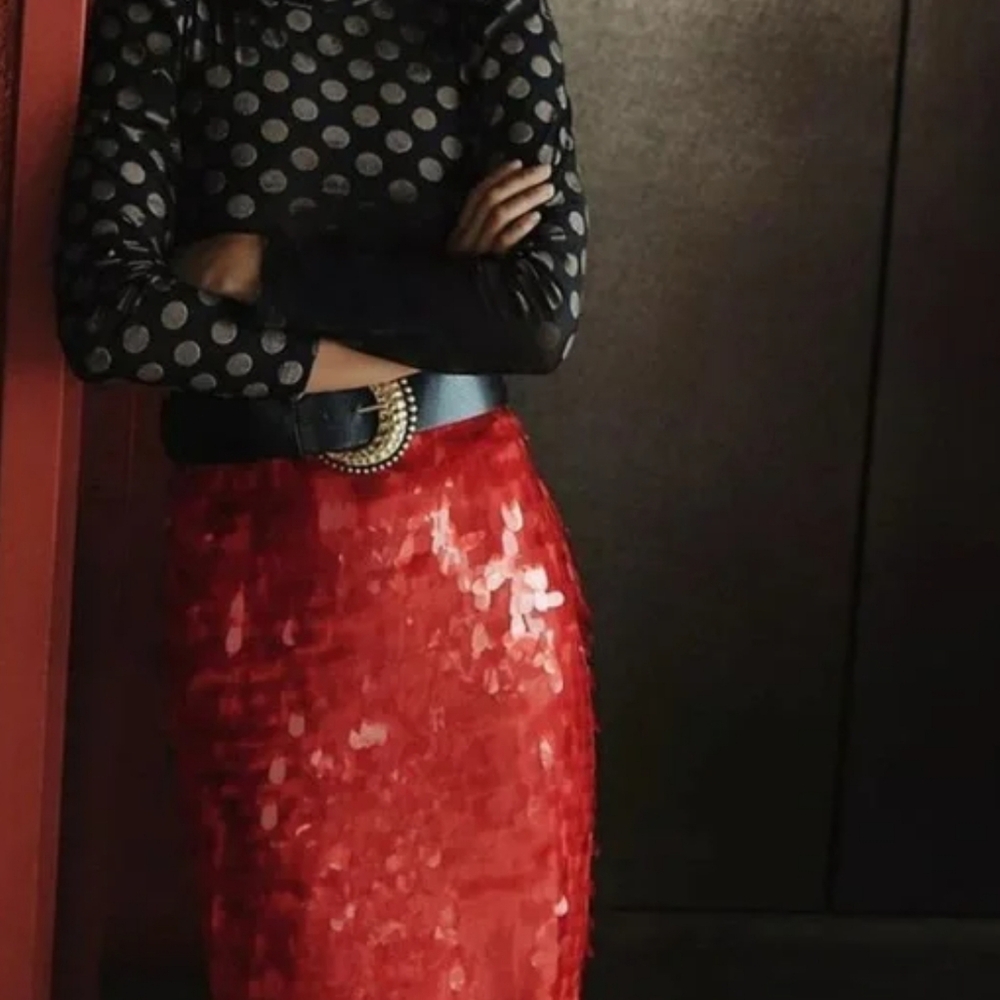 Maeve Dazzling Red Sequin Pencil Skirt - Picture 4 of 8